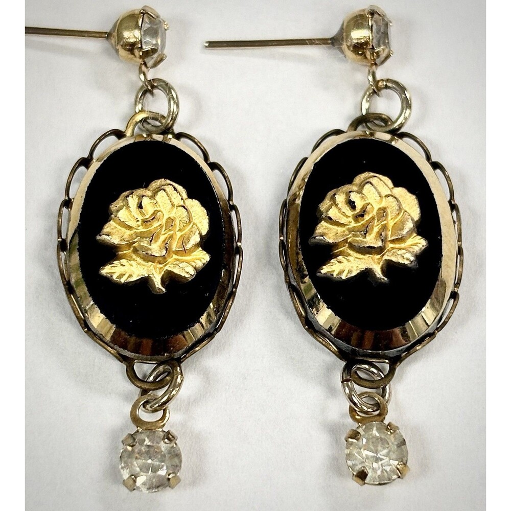 Vintage Julianna Style Celebrity NY Black Rose Cameo Rhinestone Dangle Earrings